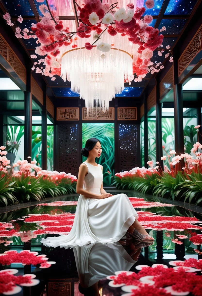An alluring, intimate photograph captures the essence of a young Asian woman seated in a mesmerizing indoor fantasy garden. The mirror walls, floors, and ceilings are adorned with a kaleidoscope of white, pink, and red flowers, creating a dazzling and enchanting environment. LED lights twinkle throughout the space, adding a touch of magic to the atmosphere. The woman, with her cascading black hair, is dressed effortlessly in a sleeveless dress, her serene and graceful posture exuding a sense of tranquility. The photograph is captured from a medium distance at eye level, striking a delicate balance between intimacy and privacy, allowing the viewer to be captivated by the scene., photo