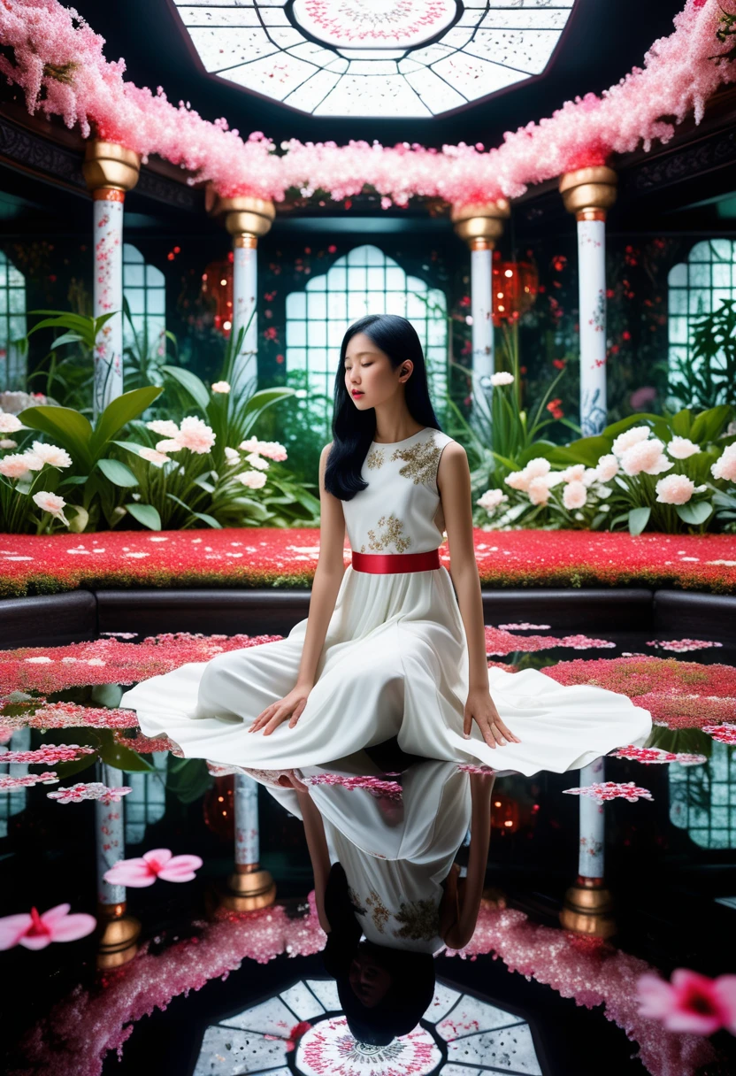 An alluring, intimate photograph captures the essence of a young Asian woman seated in a mesmerizing indoor fantasy garden. The mirror walls, floors, and ceilings are adorned with a kaleidoscope of white, pink, and red flowers, creating a dazzling and enchanting environment. LED lights twinkle throughout the space, adding a touch of magic to the atmosphere. The woman, with her cascading black hair, is dressed effortlessly in a sleeveless dress, her serene and graceful posture exuding a sense of tranquility. The photograph is captured from a medium distance at eye level, striking a delicate balance between intimacy and privacy, allowing the viewer to be captivated by the scene., photo