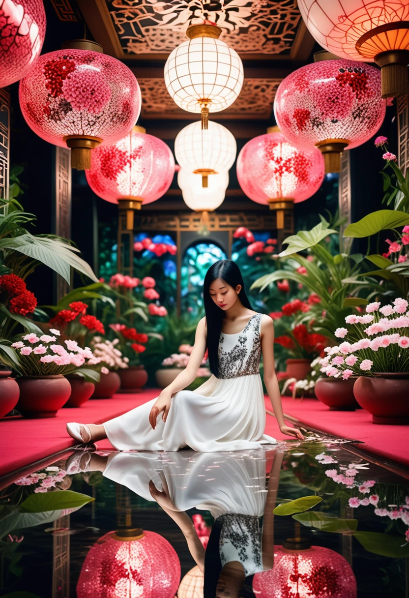 An alluring, intimate photograph captures the essence of a young Asian woman seated in a mesmerizing indoor fantasy garden. The mirror walls, floors, and ceilings are adorned with a kaleidoscope of white, pink, and red flowers, creating a dazzling and enchanting environment. LED lights twinkle throughout the space, adding a touch of magic to the atmosphere. The woman, with her cascading black hair, is dressed effortlessly in a sleeveless dress, her serene and graceful posture exuding a sense of tranquility. The photograph is captured from a medium distance at eye level, striking a delicate balance between intimacy and privacy, allowing the viewer to be captivated by the scene., photo