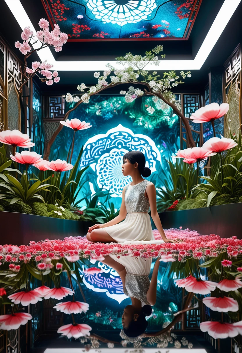 An alluring, intimate photograph captures the essence of a young Asian woman seated in a mesmerizing indoor fantasy garden. The mirror walls, floors, and ceilings are adorned with a kaleidoscope of white, pink, and red flowers, creating a dazzling and enchanting environment. LED lights twinkle throughout the space, adding a touch of magic to the atmosphere. The woman, with her cascading black hair, is dressed effortlessly in a sleeveless dress, her serene and graceful posture exuding a sense of tranquility. The photograph is captured from a medium distance at eye level, striking a delicate balance between intimacy and privacy, allowing the viewer to be captivated by the scene., photo