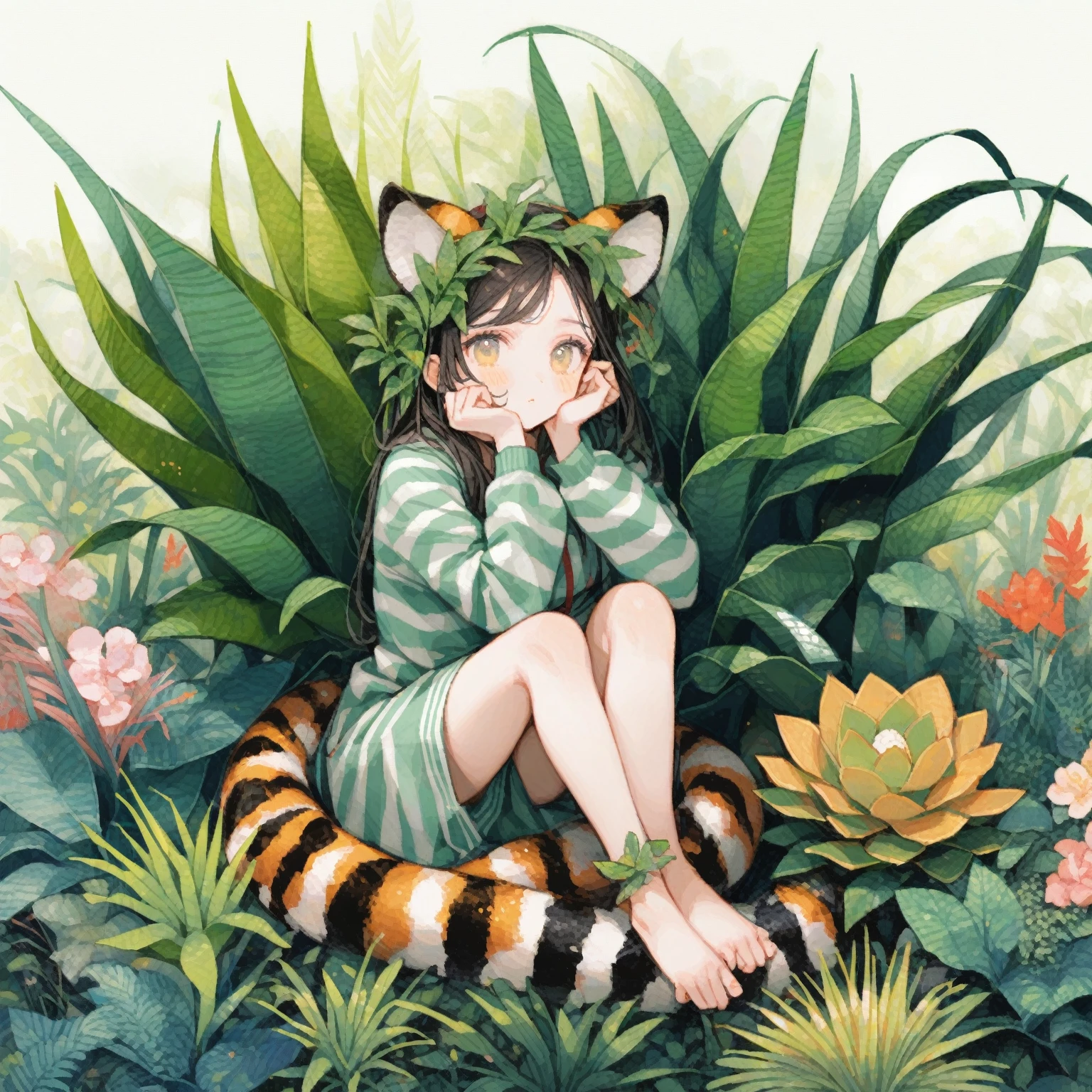 1girl、Dracaena trifasciata (Prain) Mabb.、「perpetual」「immortal」、Snake Plant、Tiger ears、Tiger tail、Sansevieria Laurentii、The edges of the leaves are white、The leaves have white stripes、tegaki