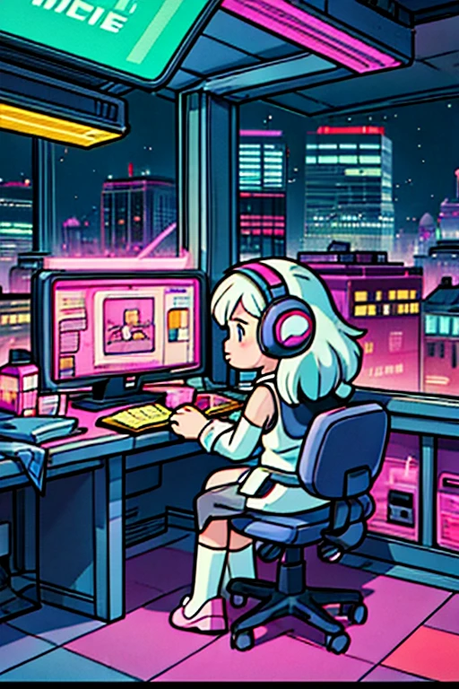 Spotlight, a girl is sitting in front of her computer in a modern, futuristic room. The girl has her hair down and is wearing large headphones. Your desk is tidy, with some technological objects such as a desk lamp with a minimalist design and a couple of digital books. Your computer screen displays a welcome message that says "Welcome to StarPixel Studio" in vibrant and colorful letters. Behind the girl, There is a large panoramic window that takes up almost the entire wall. Through the window you can see a spectacular futuristic city: tall skyscrapers with unique geometric shapes, floating bridges and flying vehicles that fly through the sky. Neon lights and advertising holograms bring the city to life, and you can see giant screens projecting scenes from popular video games.