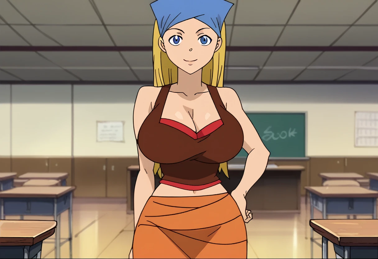 score_9, score_8_up, score_7_up, BREAK, 1girl, solo,  lindsaytd, blue bandana, cleavage, red undershirt, brown tank top, midriff, orange skirt, looking at viewer, light smile, hand on own hip, , depth of field,huge breasts
,best quality, masterpiece, souleaterstyle, classroom, anime screencap, 