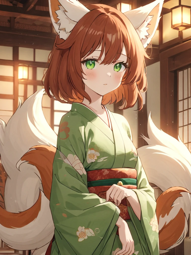 high_quality, 4k, masterpiece, 1girl, solo, shoulder-length auburn hair, green eyes, elderly, nine-tailed Kitsune, Kimono dress, light blush, fair-skinned, looking_at_viewer, indoors