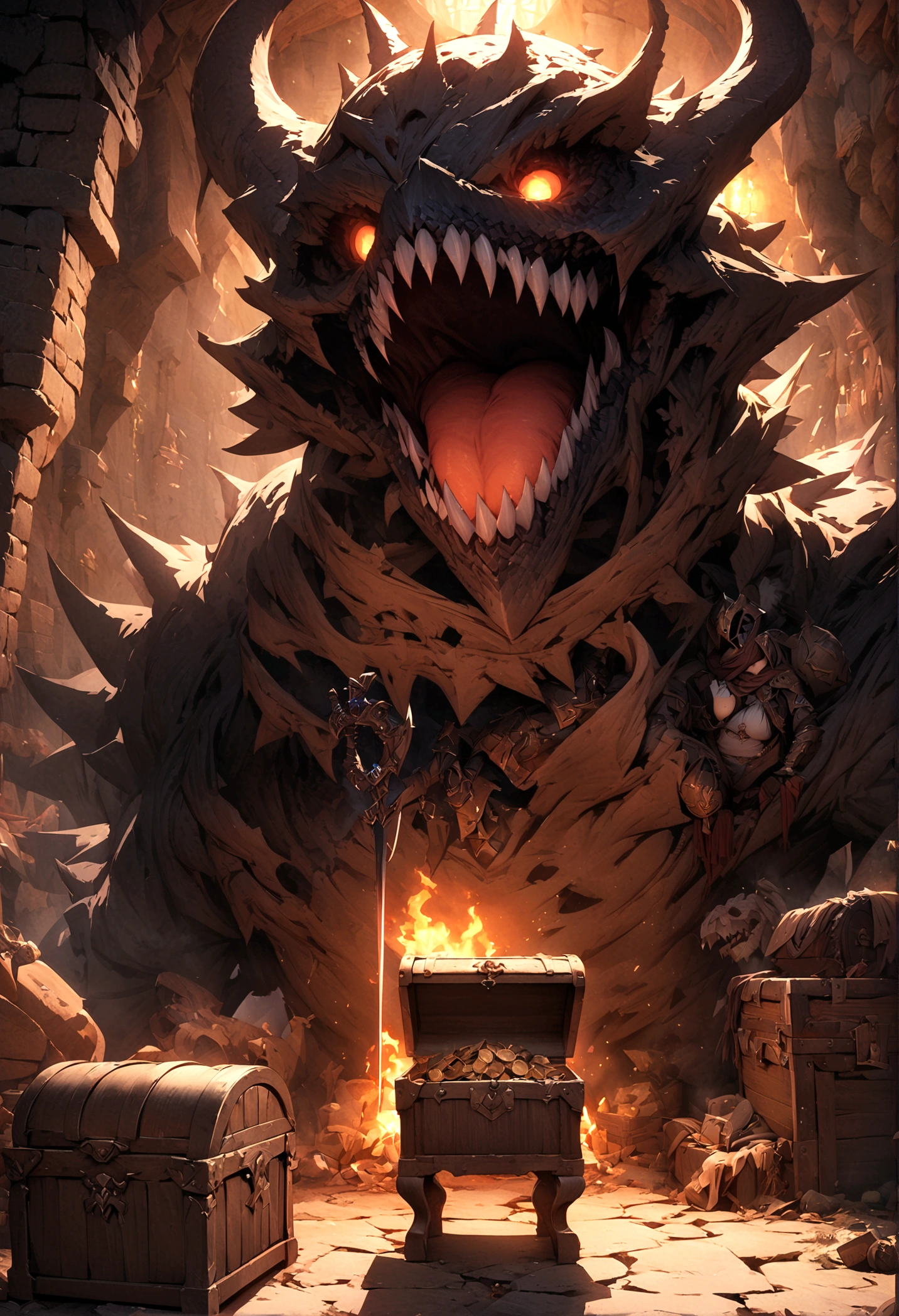 ((Masterpiece, top quality, high resolution)), ((highly detailed CG unified 8K wallpaper)), Mimic, A small room in the dungeon, a treasure chest lit by torches, female warrior fighting monster in treasure chest, sword in hand, wearing armor and scarf,