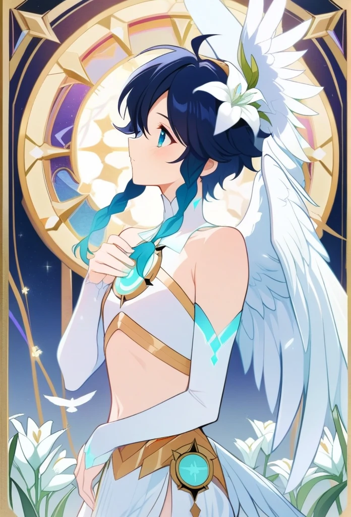 (masterpiece,best quality,4k,8k,absurdres:1.2), best quality, expressive eyes, perfect face, 1boy, flat chest,venti_\(archon\)_\(genshin_impact\),bare stomach,singing,graceful 

profile shot, white doves, genshin impact, white lilies, dandelions, beautiful lilies blooms and plants surrounding him, framed by the full moon clock and constellations in an stained glass art style, dazzling moonlit scene, tarot, archonventi, large angel wings, 