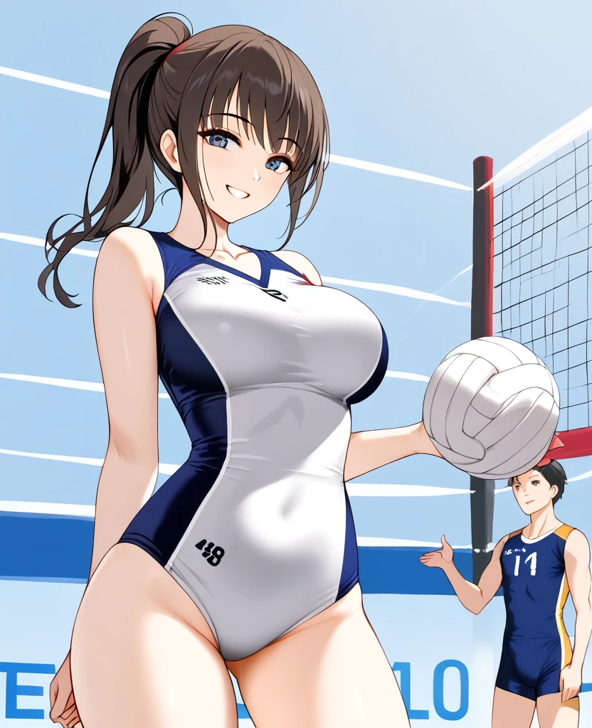1girl, ultra high res, large chest, volleyball suit, thigh, ponytail, smile, tall