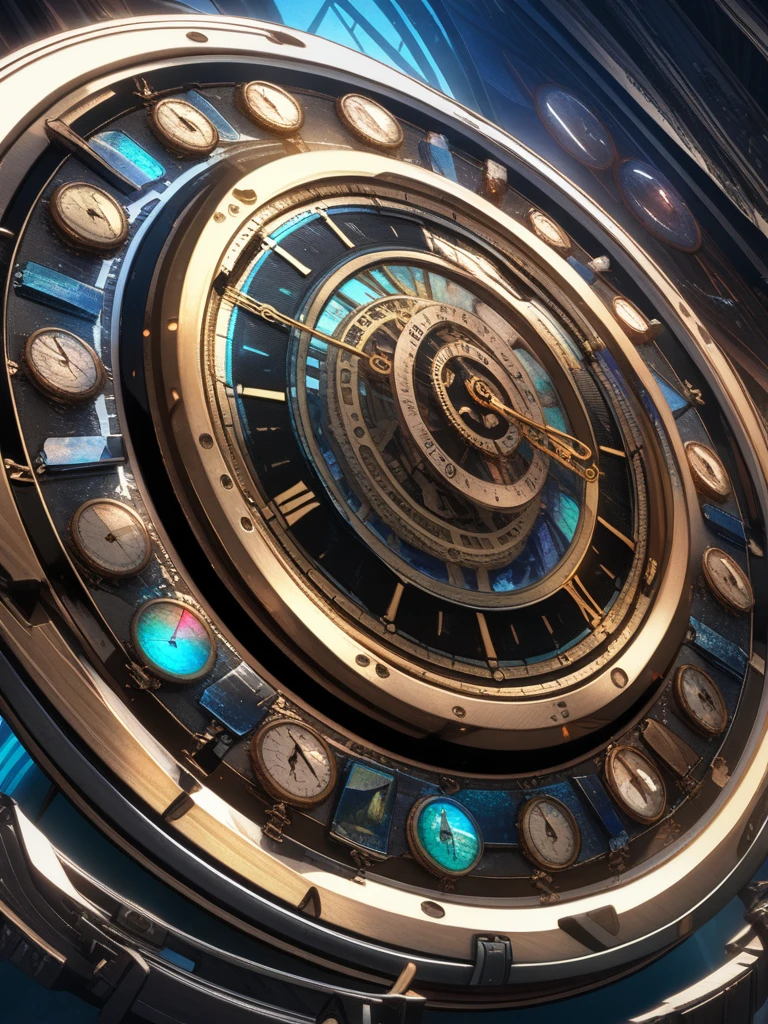 32k, best quality, ultra high res, HDR, UHD, extremely detailed CG, unity 32k wallpaper, Iridescent clock, The Clockwork World, 