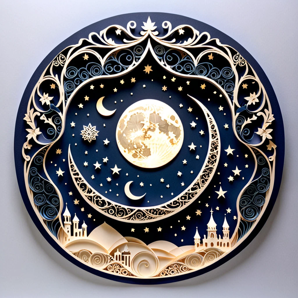 Create a detailed paper cutout artwork depicting an intricate scene of arabesque patterns against a moonlit night. The artwork should include elaborate, swirling designs that capture the essence of arabesque art, set against the backdrop of a serene night sky illuminated by a full moon. The moonlight should cast delicate shadows and highlights on the patterns, enhancing their depth and intricacy. The overall mood should be mystical and elegant, evoking a sense of timeless beauty.