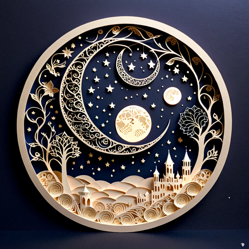 Create a detailed paper cutout artwork depicting an intricate scene of arabesque patterns against a moonlit night. The artwork should include elaborate, swirling designs that capture the essence of arabesque art, set against the backdrop of a serene night sky illuminated by a full moon. The moonlight should cast delicate shadows and highlights on the patterns, enhancing their depth and intricacy. The overall mood should be mystical and elegant, evoking a sense of timeless beauty.