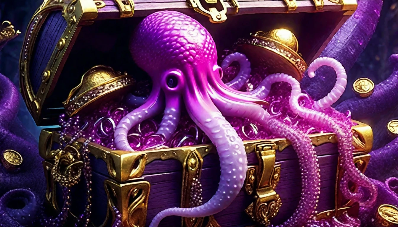 pink and purple tentacles extend from inside a treasure chest filled with gold and silver treasures.