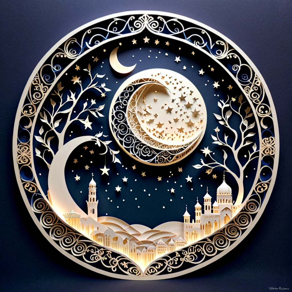 Create a detailed paper cutout artwork depicting an intricate scene of arabesque patterns against a moonlit night. The artwork should include elaborate, swirling designs that capture the essence of arabesque art, set against the backdrop of a serene night sky illuminated by a full moon. The moonlight should cast delicate shadows and highlights on the patterns, enhancing their depth and intricacy. The overall mood should be mystical and elegant, evoking a sense of timeless beauty.