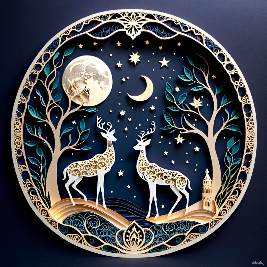 Create a detailed paper cutout artwork depicting an intricate scene of arabesque patterns against a moonlit night. The artwork should include elaborate, swirling designs that capture the essence of arabesque art, set against the backdrop of a serene night sky illuminated by a full moon. The moonlight should cast delicate shadows and highlights on the patterns, enhancing their depth and intricacy. The overall mood should be mystical and elegant, evoking a sense of timeless beauty.