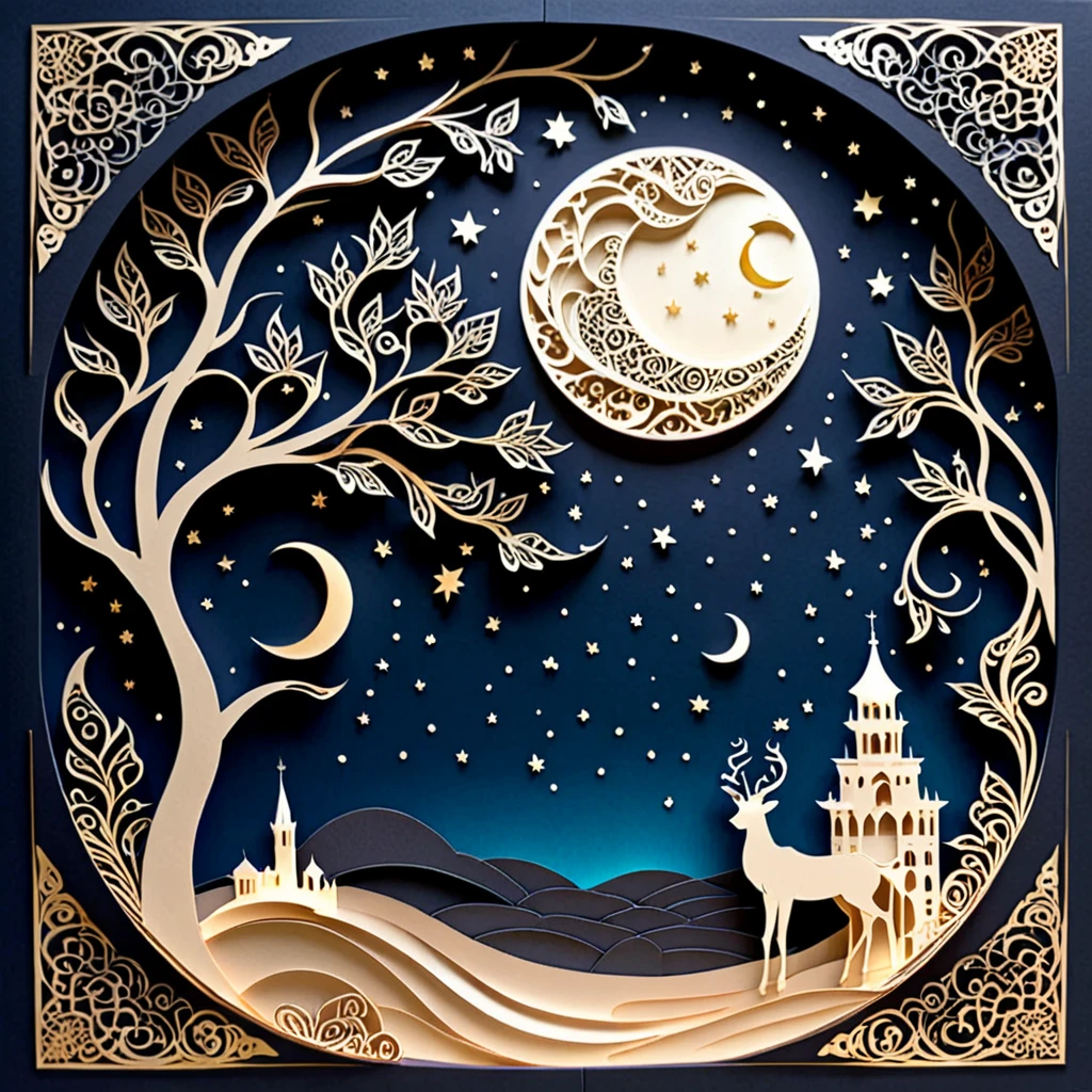 Create a detailed paper cutout artwork depicting an intricate scene of arabesque patterns against a moonlit night. The artwork should include elaborate, swirling designs that capture the essence of arabesque art, set against the backdrop of a serene night sky illuminated by a full moon. The moonlight should cast delicate shadows and highlights on the patterns, enhancing their depth and intricacy. The overall mood should be mystical and elegant, evoking a sense of timeless beauty.