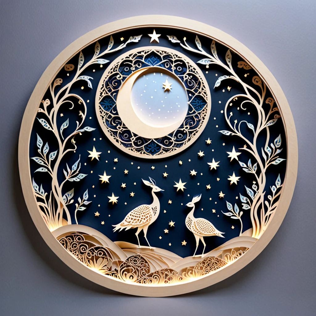 Create a detailed paper cutout artwork depicting an intricate scene of arabesque patterns against a moonlit night. The artwork should include elaborate, swirling designs that capture the essence of arabesque art, set against the backdrop of a serene night sky illuminated by a full moon. The moonlight should cast delicate shadows and highlights on the patterns, enhancing their depth and intricacy. The overall mood should be mystical and elegant, evoking a sense of timeless beauty.