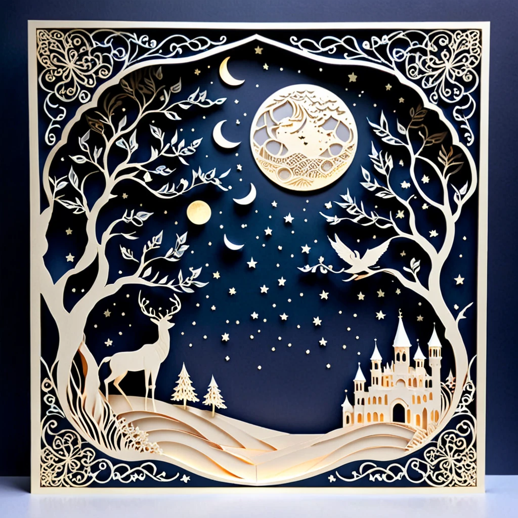 Create a detailed paper cutout artwork depicting an intricate scene of arabesque patterns against a moonlit night. The artwork should include elaborate, swirling designs that capture the essence of arabesque art, set against the backdrop of a serene night sky illuminated by a full moon. The moonlight should cast delicate shadows and highlights on the patterns, enhancing their depth and intricacy. The overall mood should be mystical and elegant, evoking a sense of timeless beauty.