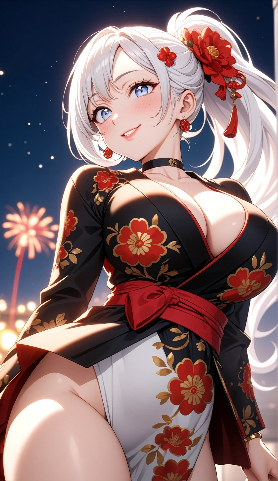 ((One personの女性)), Beautiful Face, head tilt, (( smile)),((Wink:1.8)), Laugh with your mouth wide open,((Bright red cheeks:1.4)),Shiny red lips,night,rooftop,You can see the ocean, firework,Laughing with your mouth open,Glossy pink lips, lighting,((Anime style background)),masterpiece, Highest quality, so beautiful,up to date, Complex details, (Pink long nails),(ring),(bracelet),(choker),AI-generated, Complex,High resolution, Highest quality, super high quality,3D Images、3D Images,One person,Long white hair,High Ponytail,(blue eyes),Anime woman posing for a photo, ((Fine grain、Silvery white colorful eyes、Shining Eyes:1.3)),(Squint your eyes:1.1),a hyperRealistic , hyperRealistic , Realistic,Anime woman with long white hair, Smooth anime CG art, A woman in a colorful kimono with gold embroidery, (Black long sleeve kimono),Red floral pattern,Long flower hair ornament,Earrings,Mature Body,(Big Breasts:1.1),expensive,Abdominal muscles,Tight waist,(Zoom up to face:1.7),Shooting from diagonally below