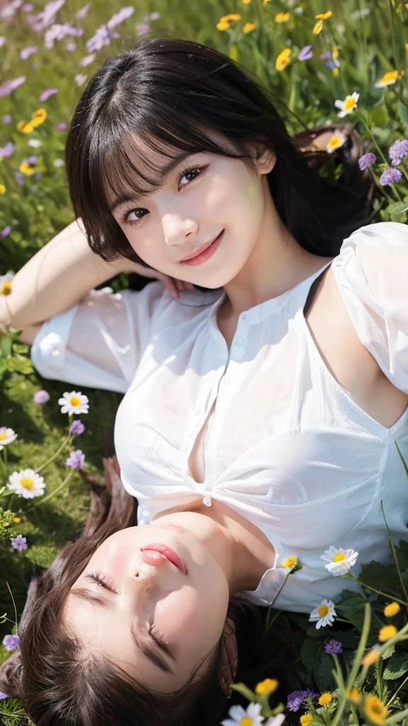 (highest quality,masterpiece:1.3,ultra high resolution),(Super detailed,caustics,8k),(photorealistic:1.4,RAW shooting),(girl lying in a flower field),18-year-old,cute,Japanese,black short hair,look up at the camera with a smile,white blouse,(big ),bust up shot,(high position),(high angle),face focus,(face close up),bright light,Natural light,professional writing