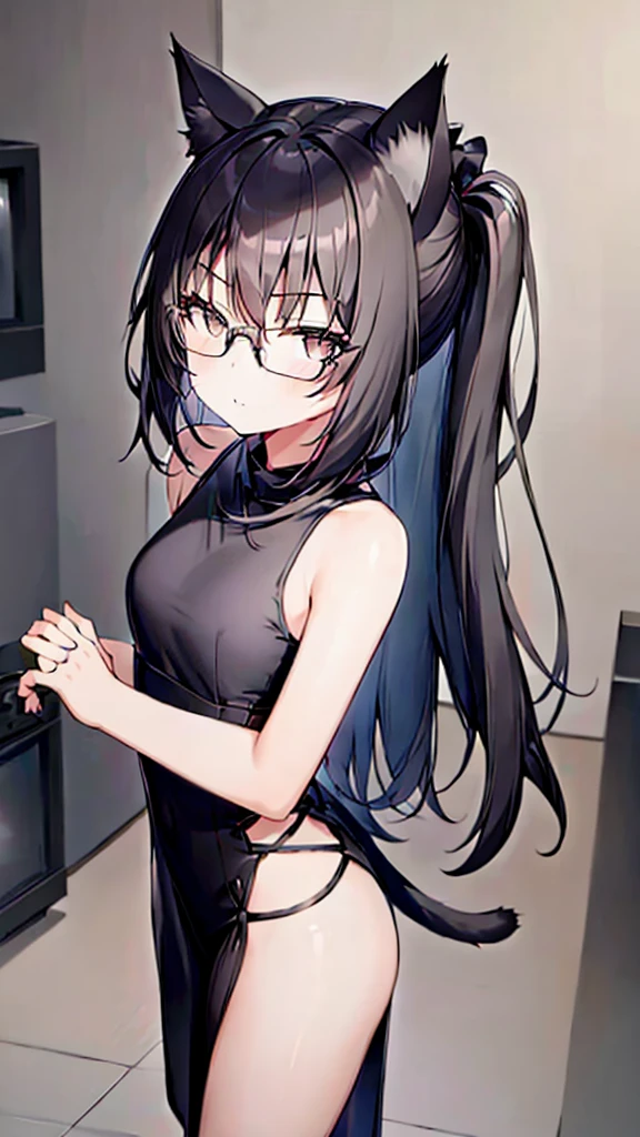 A 20-year-old cat girl with long black hair, gray eyes, cat ears and a cat tail, wears glasses, black  long dresses sexy, sleeveless