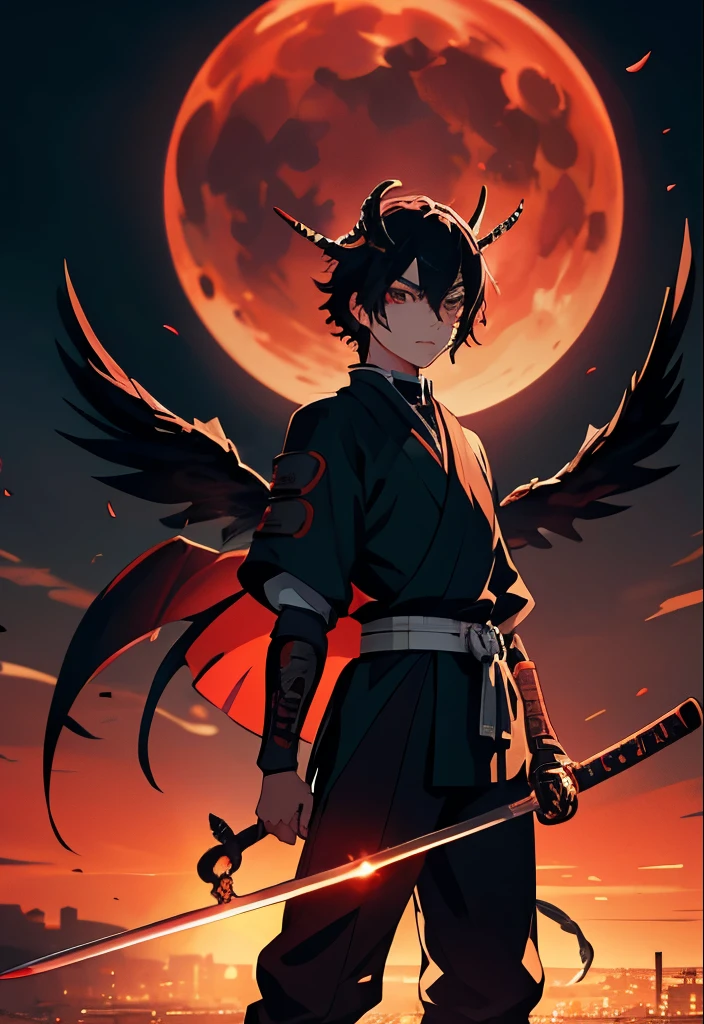 a highly detailed anime boy with samurai armor, katana sword, horns, and   wings, standing in front of a red moon over the Tokyo skyline, using powerful rasengan energy, inspired by characters like Yone, Yoriichi, and Kokushibo from Demon Slayer, extremely detailed, photorealistic, cinematic lighting, 8K, HDR