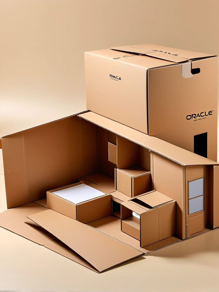 A cardboard design for an assembled home,Carton flat,Simple style,The logo name is oracle,Lay the carton flat,detail,high quality,Fashion