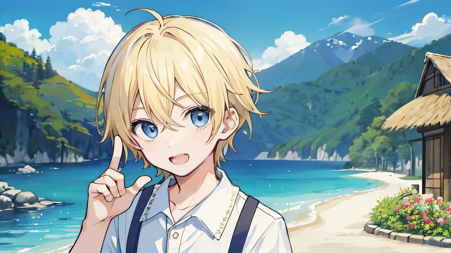1 boy, blonde hair, Cute face, summer resort background