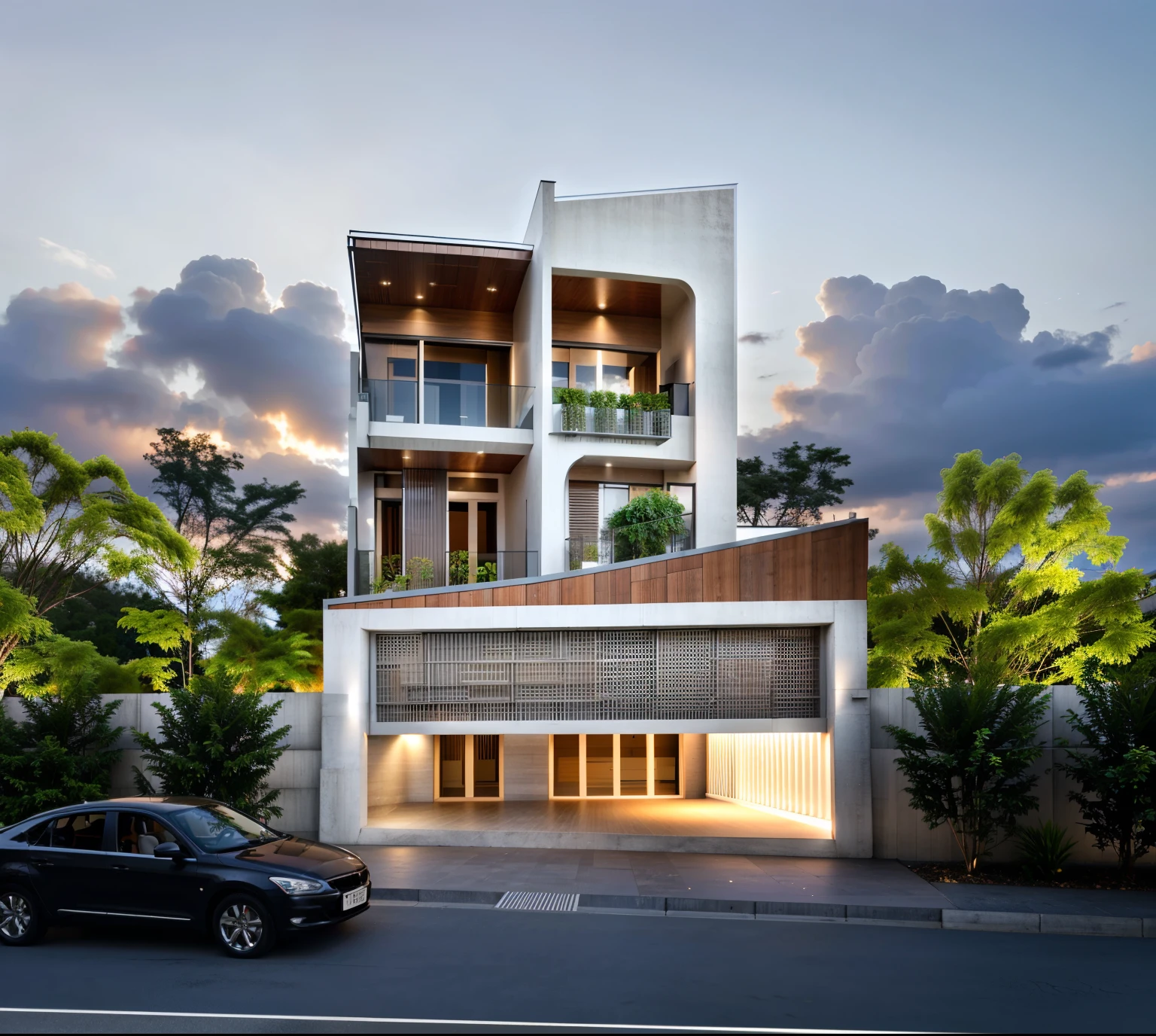 exterior ,house in vietnam, roof, window, clolum, plant around the building, ((realistic photo)), RAW photo, corona render, sharper photo, details texture, clean design, concrete-colored laminate wall, perspective, high-end, realistic photography, Bright, sharp, unique details, award-winning photography , Canon EOS 5D DSLR Mark IV, f/ 6, ISO 100, 1/ 250 sec, soft natural light, best quality, super high resolution