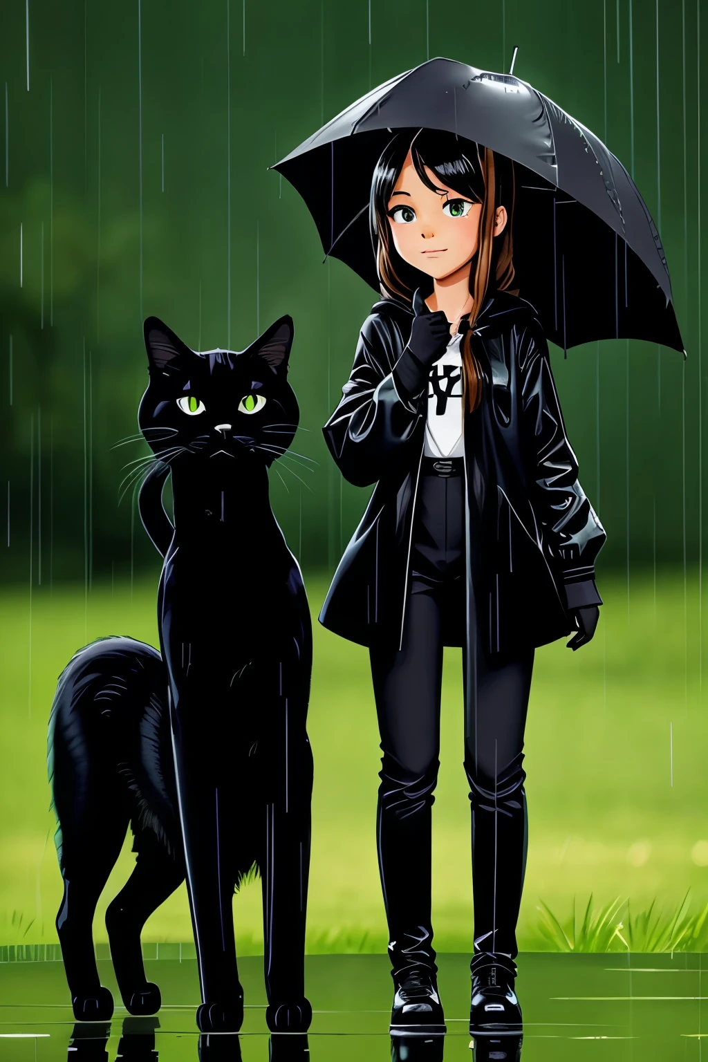 A cartoon girl and a black cat standing in rain with green background