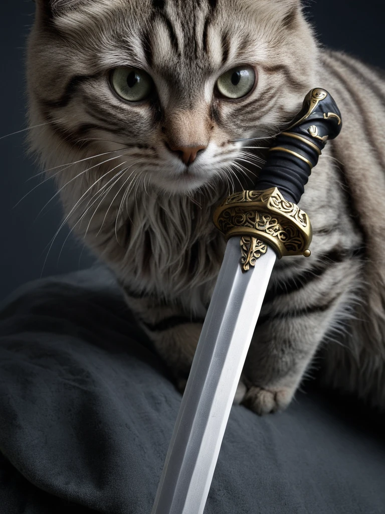 Cat、Holding a sword， Extremely high resolution detail, photograph, Fine texture, Incredibly realistic