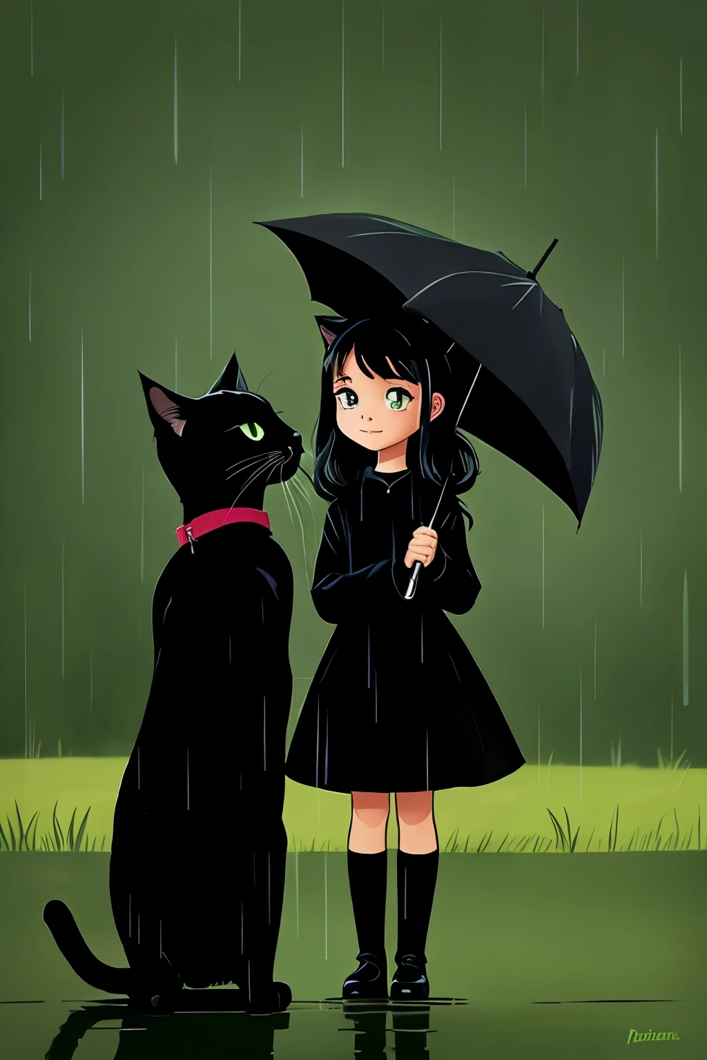 A cartoon girl and a black cat standing in rain with green background
