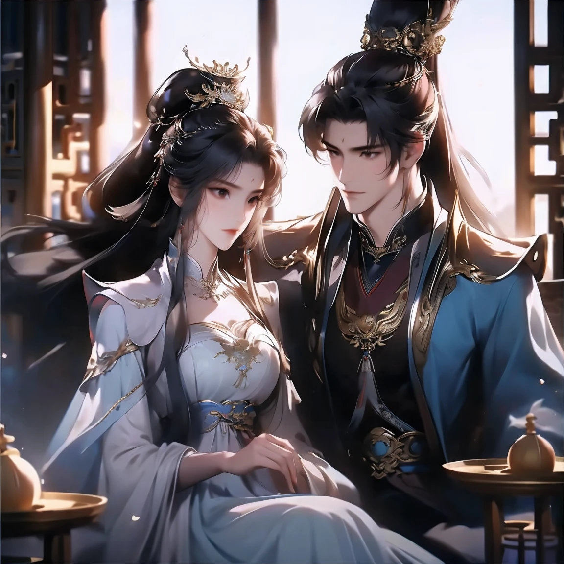 A handsome guy and a beautiful girl are leaning against each other，quiet and peaceful，faint smile，Chinese style clothing and accessories，black hair，perfect face，Chinese architecture