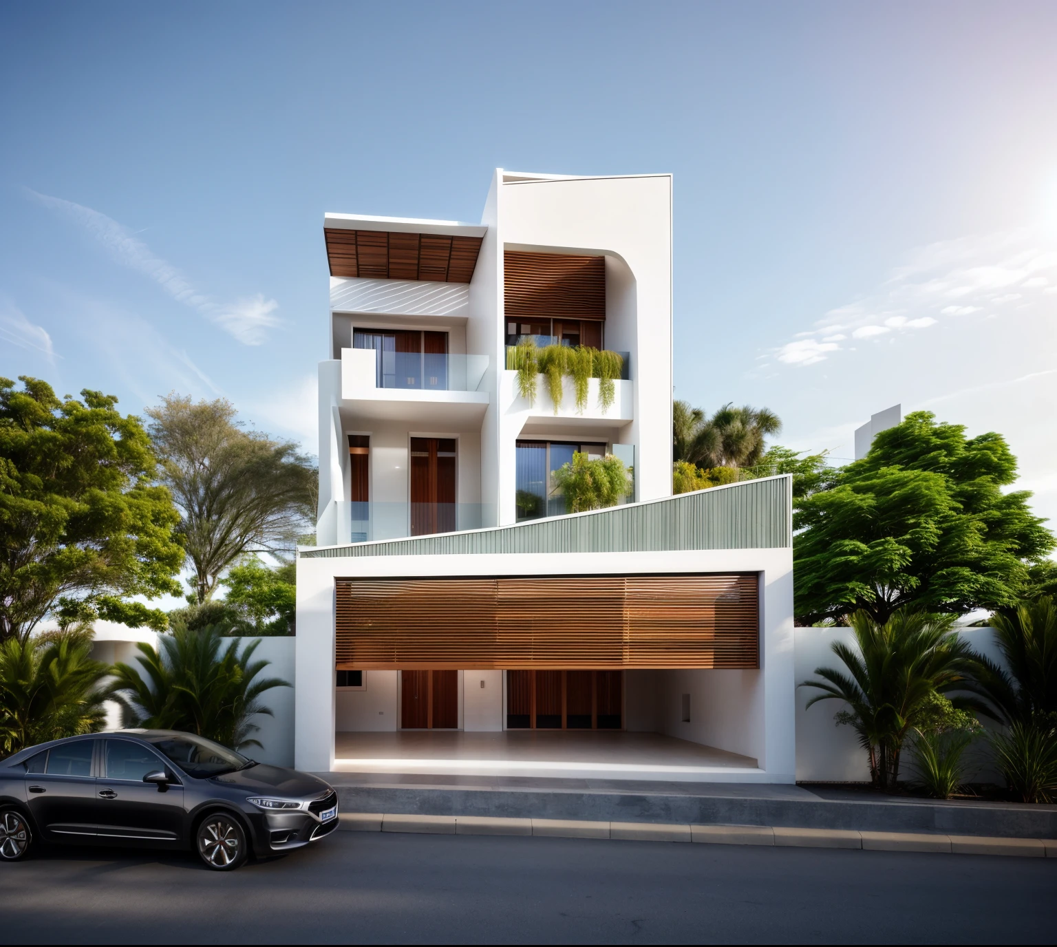 exterior ,house in vietnam, roof, window, clolum, plant around the building, ((realistic photo)), RAW photo, corona render, sharper photo, details texture, clean design, concrete-colored laminate wall, perspective, high-end, realistic photography, Bright, sharp, unique details, award-winning photography , Canon EOS 5D DSLR Mark IV, f/ 6, ISO 100, 1/ 250 sec, soft natural light, best quality, super high resolution