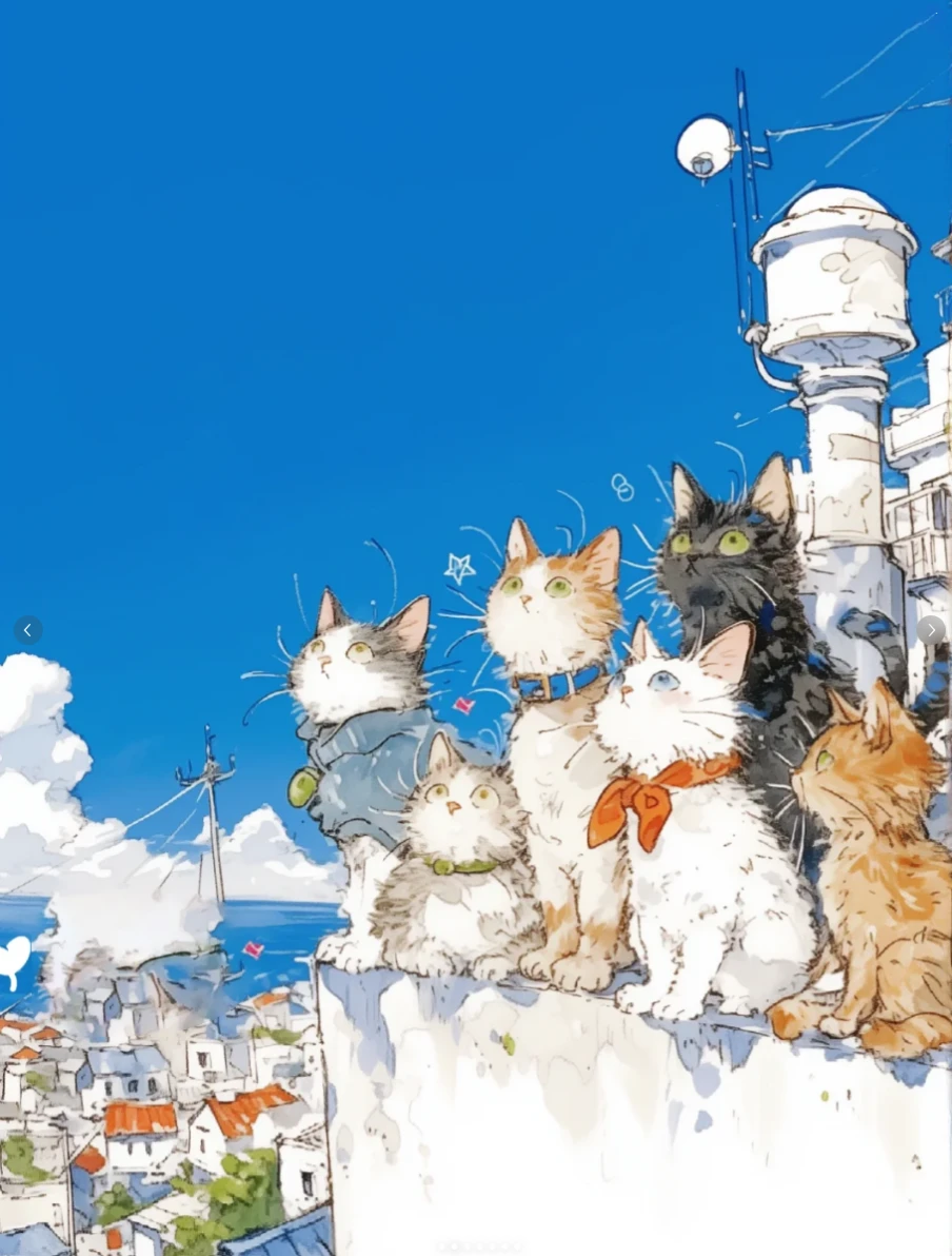 there are many cats sitting on a wall with a city in the background, by Miyazaki, miyazaki's animated film, anime visual of a cute cat, by Yumihiko Amano, by Hayao Miyazaki, studio ghibli art style, ghibli moebius, cats cat dreamcats, studio ghibli sky, studio ghibli artstyle, miyazaki film