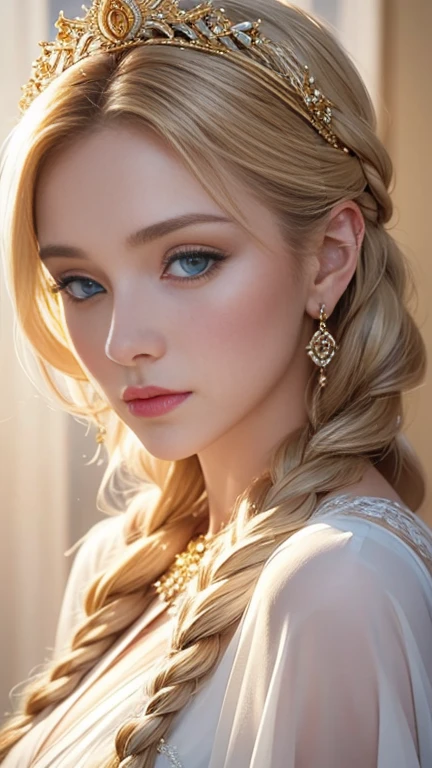 The image portrays a woman blonde blue eyes with delicate features, draped in a flowing white garment adorned with subtle golden details, suggesting an attire of elegance and possibly of a ceremonial or royal nature. Her hair is styled in an intricate braid, complemented by understated jewelry, enhancing her serene and regal appearance. The warm, soft lighting and her thoughtful gaze evoke a sense of calm introspection and grace.