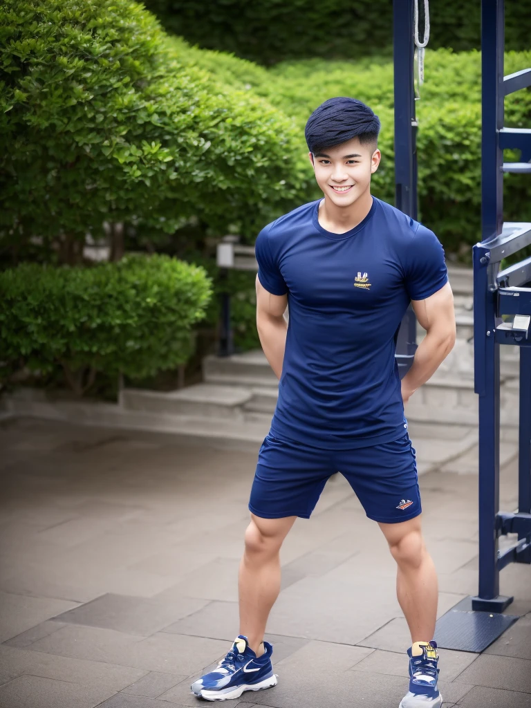 Fight Stance handsome guy ,20 years old , short hair, Korea , student,(((Wear a navy shirt without stripes.))),smile , full body view ,chest muscles, Broad shoulders ,sportsperson , upper body (1), rain: 1.3, gym: 1.2, wet body: 1.1, exercise