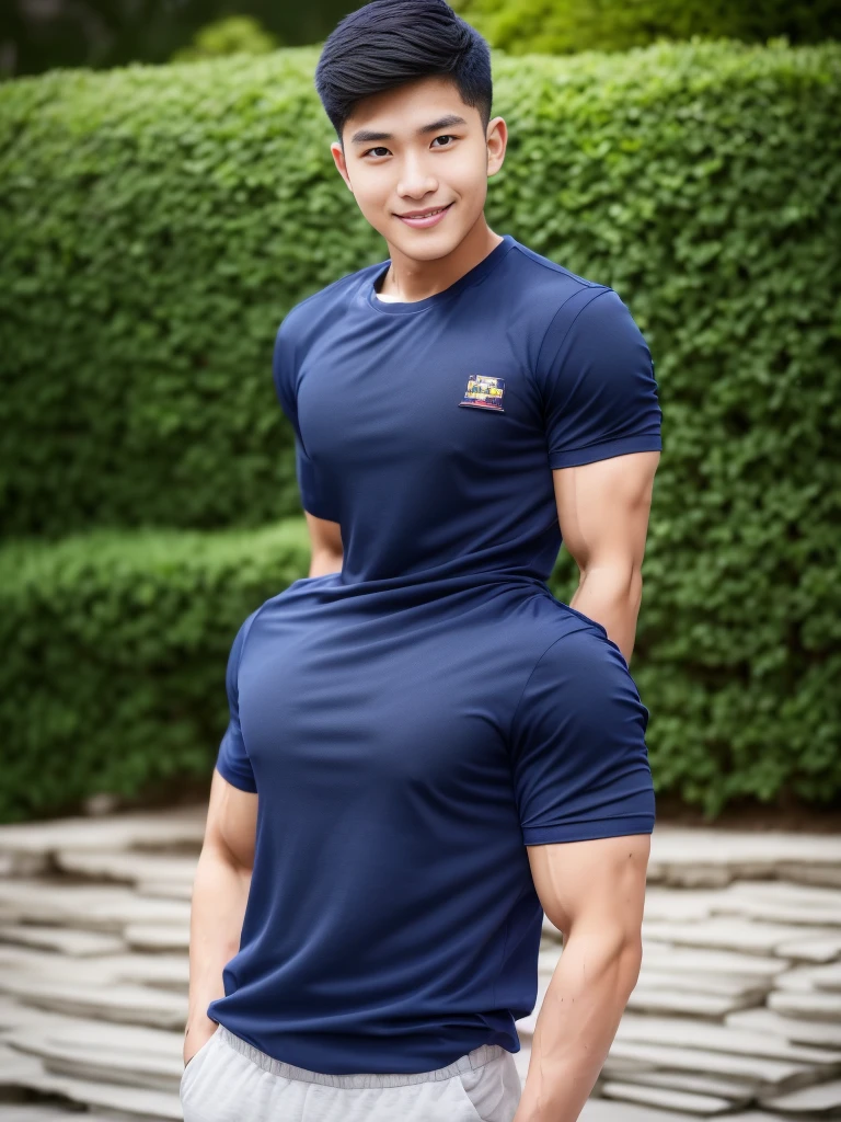 Fight Stance handsome guy ,20 years old , short hair, Korea , student,(((Wear a navy shirt without stripes.))),smile , full body view , muscles, Broad shoulders ,sportsperson , upper body (1), rain: 1.3, gym: 1.2, wet body: 1.1, exercise