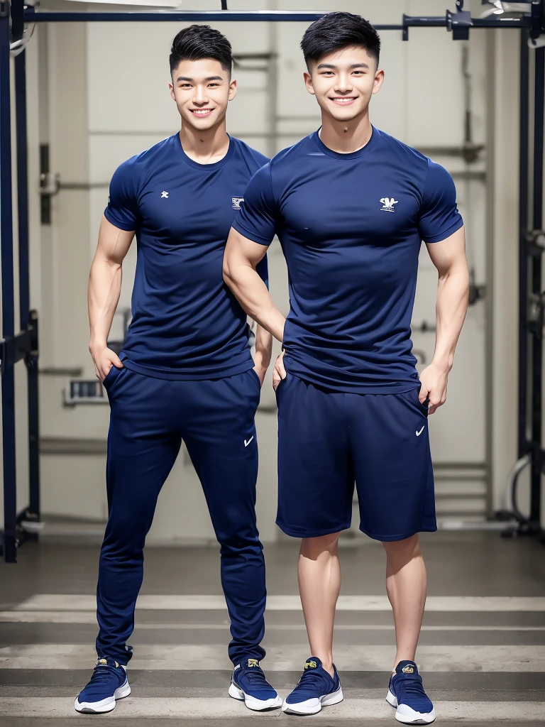 Fight Stance handsome guy ,20 years old , short hair, Korea , student,(((Wear a navy shirt without stripes.))),smile , full body view ,chest muscles, Broad shoulders ,sportsperson , upper body (1), rain: 1.3, gym: 1.2, wet body: 1.1, exercise