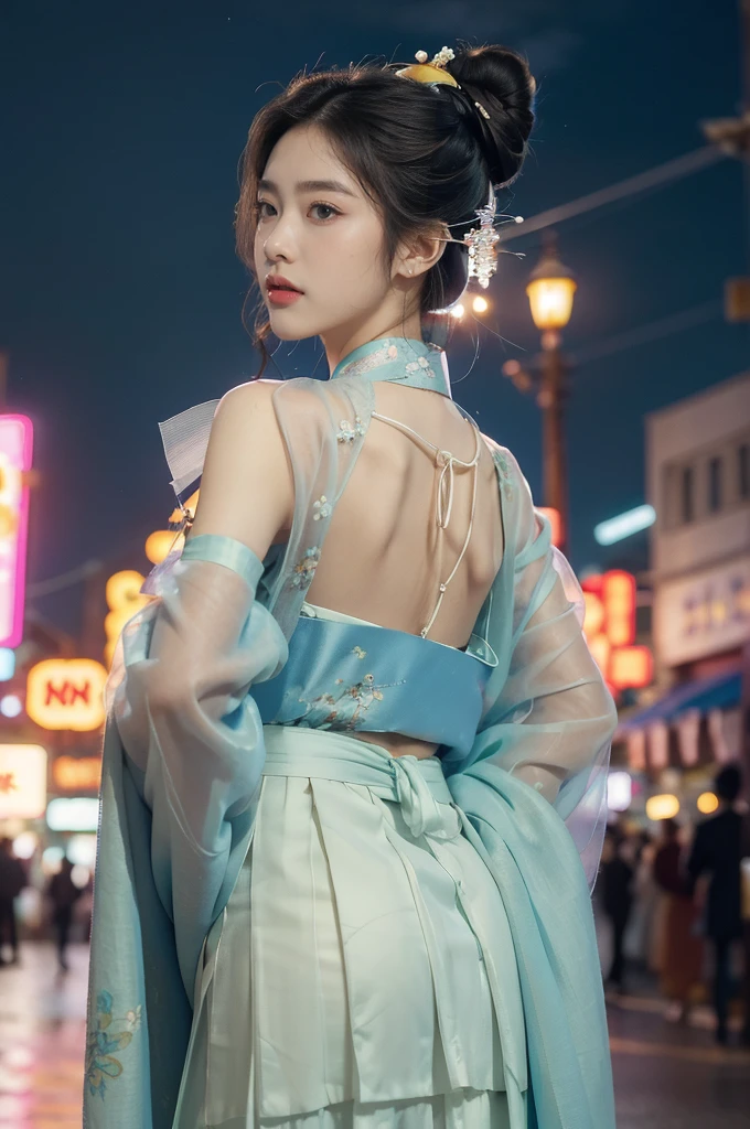 (((best quality))),(((ultra detailed))),(((masterpiece))),illustration,1girl,bun hair,(see through gauze hanbok:1.3),collar,slim,laughing, summer night,Korean city scape, street, neon signs, beautiful, vibrant, detailed facial features,medium hair, elegance, cultural atmosphere, bustling city,tall buildings full of colorful advertisements, reflections, lively atmosphere, street food aroma,upper body,from back,(shoulder off,bare back,towering hips,butt crack)
