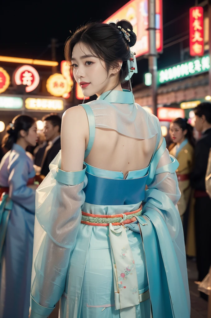 (((best quality))),(((ultra detailed))),(((masterpiece))),illustration,1girl,bun hair,(see through gauze hanbok:1.3),collar,slim,laughing, summer night,Korean city scape, street, neon signs, beautiful, vibrant, detailed facial features,medium hair, elegance, cultural atmosphere, bustling city,tall buildings full of colorful advertisements, reflections, lively atmosphere, street food aroma,upper body,from back,(shoulder off,bare back,towering hips,butt crack)