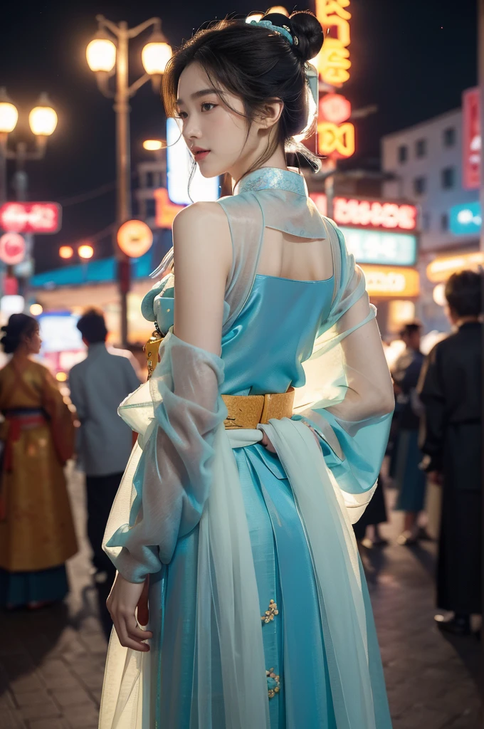 (((best quality))),(((ultra detailed))),(((masterpiece))),illustration,1girl,bun hair,( gauze hanbok:1.3),collar,slim,laughing, summer night,Korean city scape, street, neon signs, beautiful, vibrant, detailed  features,medium hair, elegance, cultural atmosphere, bustling city,tall buildings full of colorful advertisements, reflections, lively atmosphere, street food aroma,upper body,from back,(shoulder off, back,towering hips,butt crack)