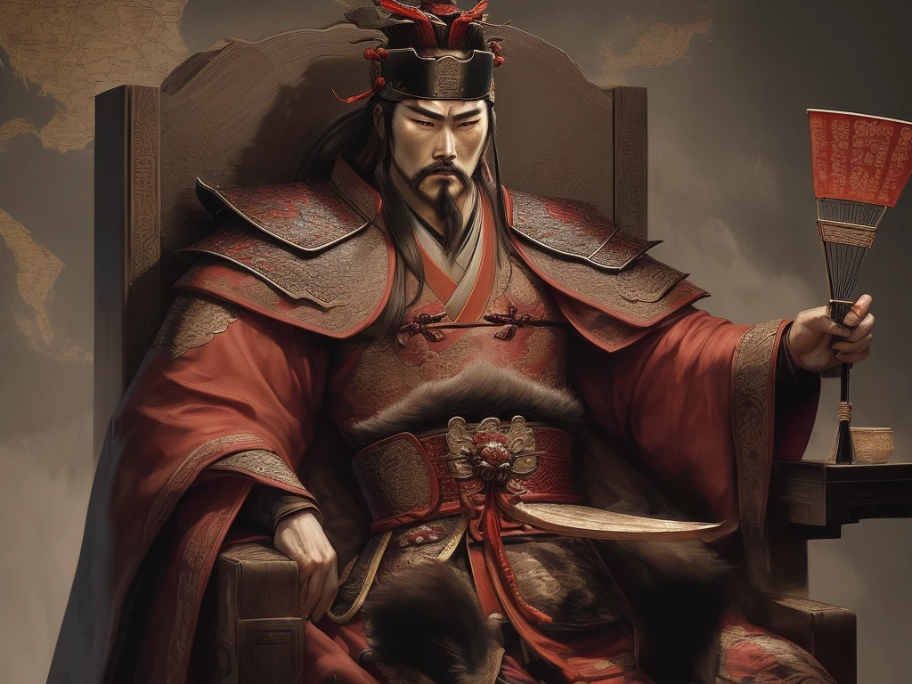 A cunning and strategic portrait of Cao Cao, a warlord from the Three Kingdoms era. He wears a royal robe with dragon patterns, a crown, and has a sharp, intelligent look. He is seated on a throne, holding a fan, surrounded by maps and scrolls.