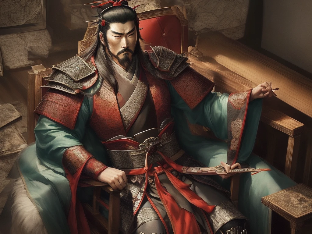 A cunning and strategic portrait of Cao Cao, a warlord from the Three Kingdoms era. He wears a royal robe with dragon patterns, a crown, and has a sharp, intelligent look. He is seated on a throne, holding a fan, surrounded by maps and scrolls.