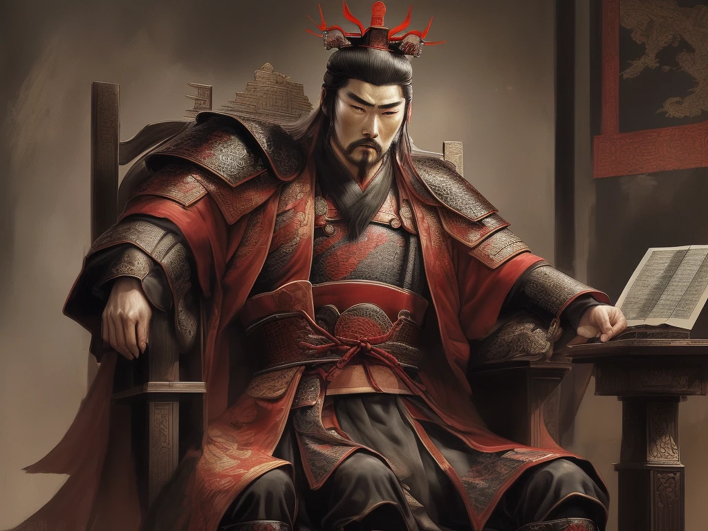 A cunning and strategic portrait of Cao Cao, a warlord from the Three Kingdoms era. He wears a royal robe with dragon patterns, a crown, and has a sharp, intelligent look. He is seated on a throne, holding a fan, surrounded by maps and scrolls.