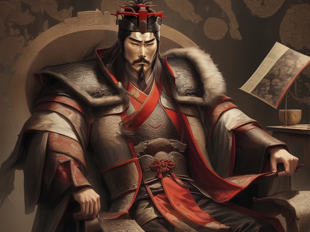 A cunning and strategic portrait of Cao Cao, a warlord from the Three Kingdoms era. He wears a royal robe with dragon patterns, a crown, and has a sharp, intelligent look. He is seated on a throne, holding a fan, surrounded by maps and scrolls.