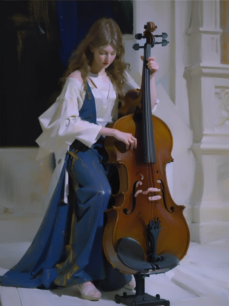 Full body standing painting，(Drawing of girl playing cello), white dresseandy Jürgens (Mandy Jurgens) Realistic paintings created, Perverted, arte figurativa, Detailed depiction of the, realistically, An artwork of