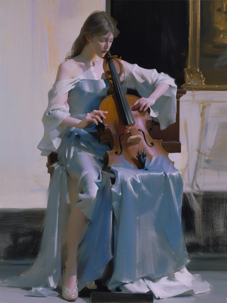 Full body standing painting，(Drawing of girl playing cello), white dresseandy Jürgens (Mandy Jurgens) Realistic paintings created, Perverted, arte figurativa, Detailed depiction of the, realistically, An artwork of