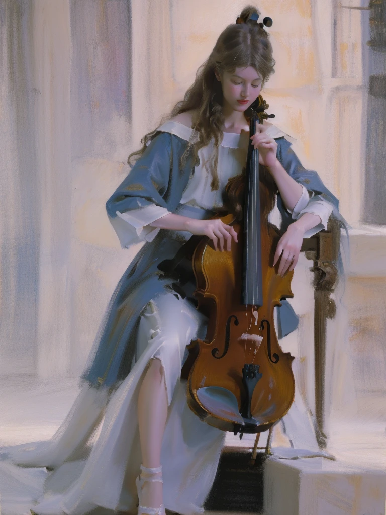 Full body standing painting,(Drawing of girl playing cello), white dresseandy Jürgens (Mandy Jurgens) Realistic paintings created, Perverted, arte figurativa, Detailed depiction of the, realistically, An artwork of