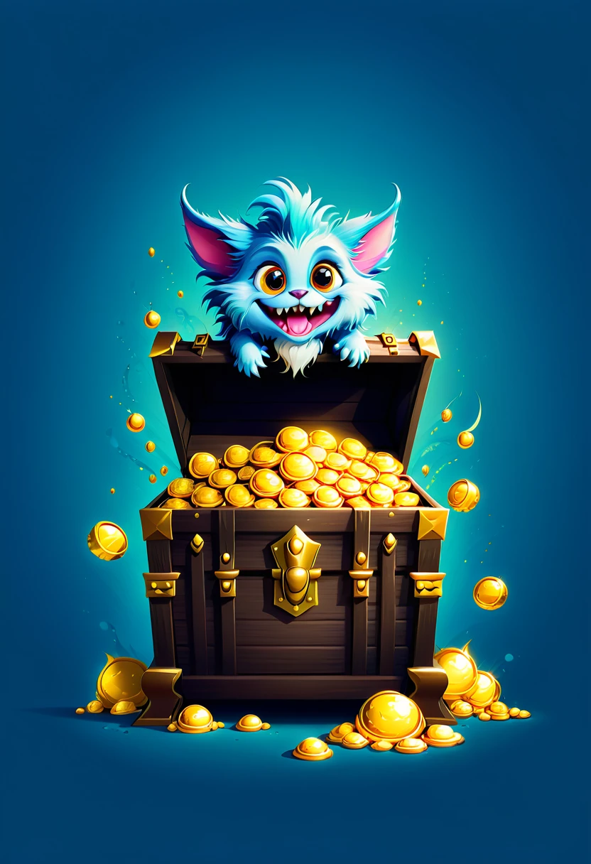 Vector art minimalist logo illustration of cute furry monster jumping out of treasure chest，There is a pile of gold coins treasure orbs next to the feet vector art type, detailed, Beautiful artistic rendering in clean minimalist cartoon style