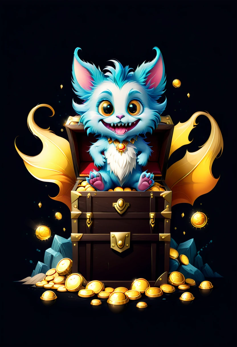 Vector art minimalist logo illustration of cute furry monster jumping out of treasure chest，There is a pile of gold coins treasure orbs next to the feet vector art type, detailed, Beautiful artistic rendering in clean minimalist cartoon style