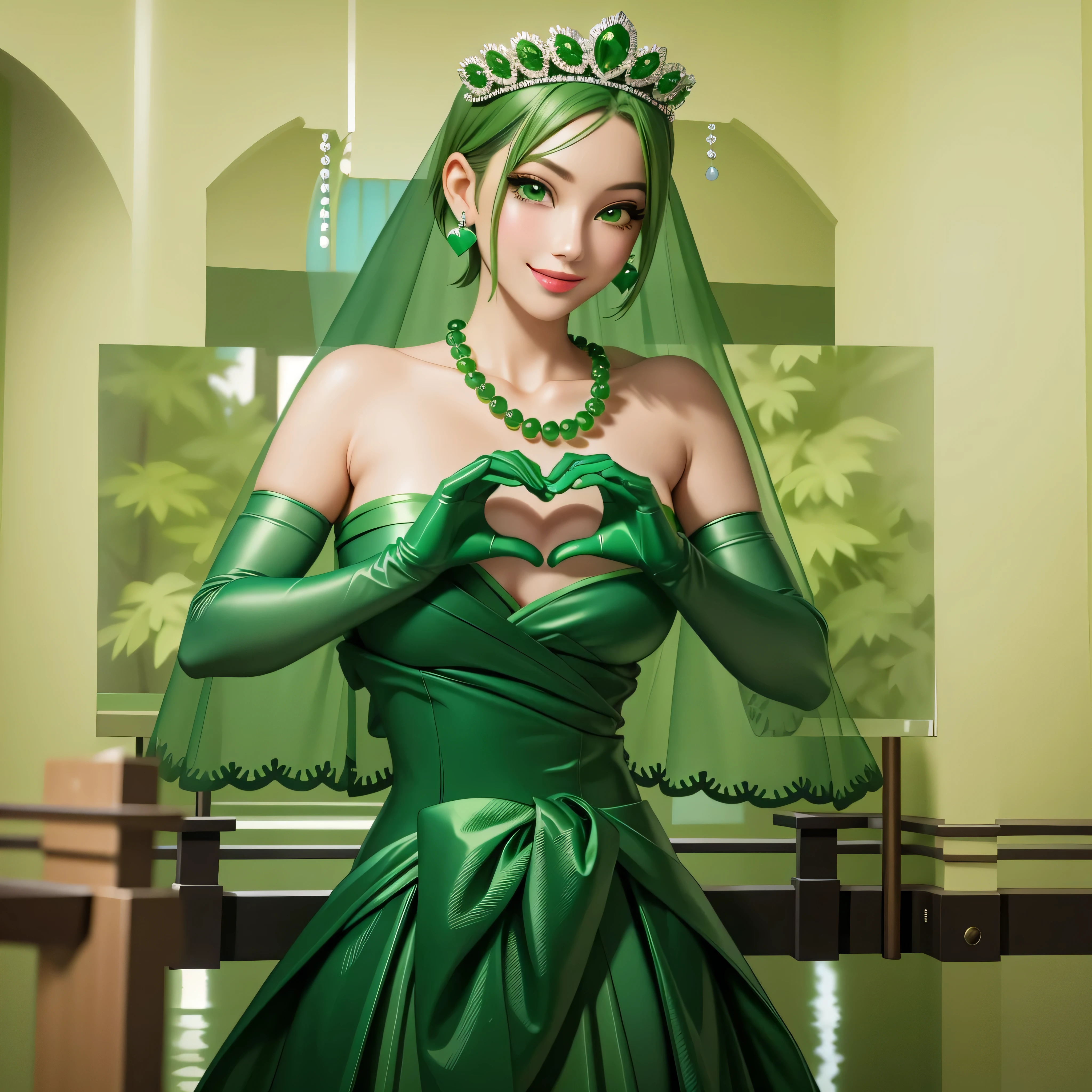 emerald tiara, Green Pearl Necklace, Boyish very short green hair, Green Lips, Smiling Japanese woman, Very short hair, Busty beautiful lady, Green Eyes, Green satin long gloves, Green Eyes, Emerald Earrings, Green veil, Heart with both hands, Heart shaped hands, Green Hair, Beautiful Japanese Woman, green lip gloss